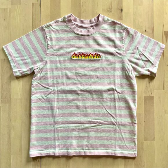Teddy Fresh Unisex Pink & White Striped Flame Logo T-Shirt size XS Short Sleeves - Picture 1 of 5